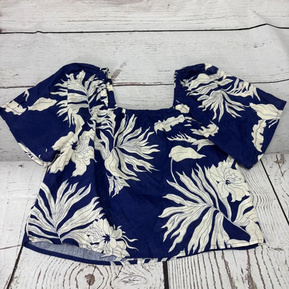 Rachel Zoe Womens Navy White Floral Linen Blend Square Neck Crop Top NWT Small
